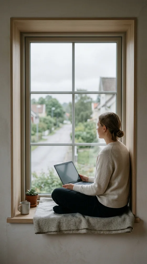 A woman sitting in a window sill with a laptop