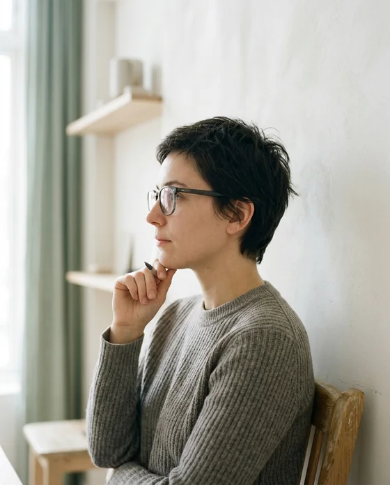 Portrait of a person with glasses against a pale wall