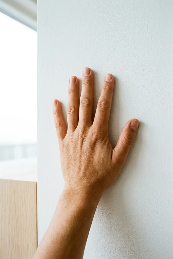 A hand pressed flat against a white wall