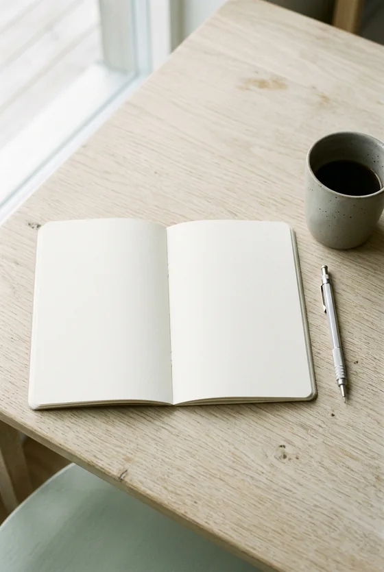 An open blank notebook and a cup on a pale wood desk