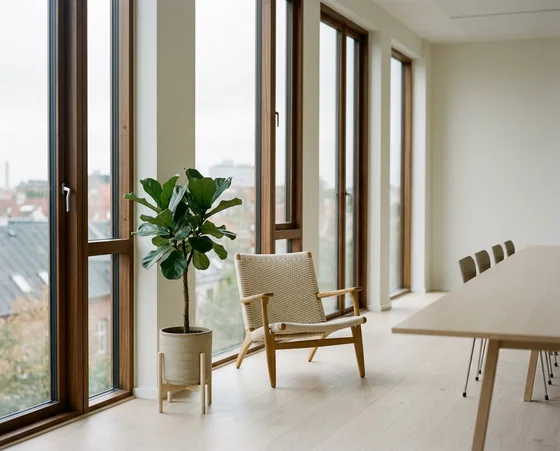An empty meeting room corner with a chair and a plant