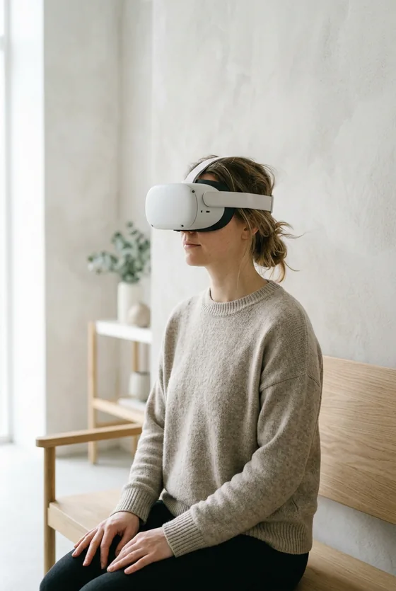Someone wearing a white VR headset in a plain bright room