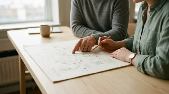 Two pairs of hands over a paper sketch on a table