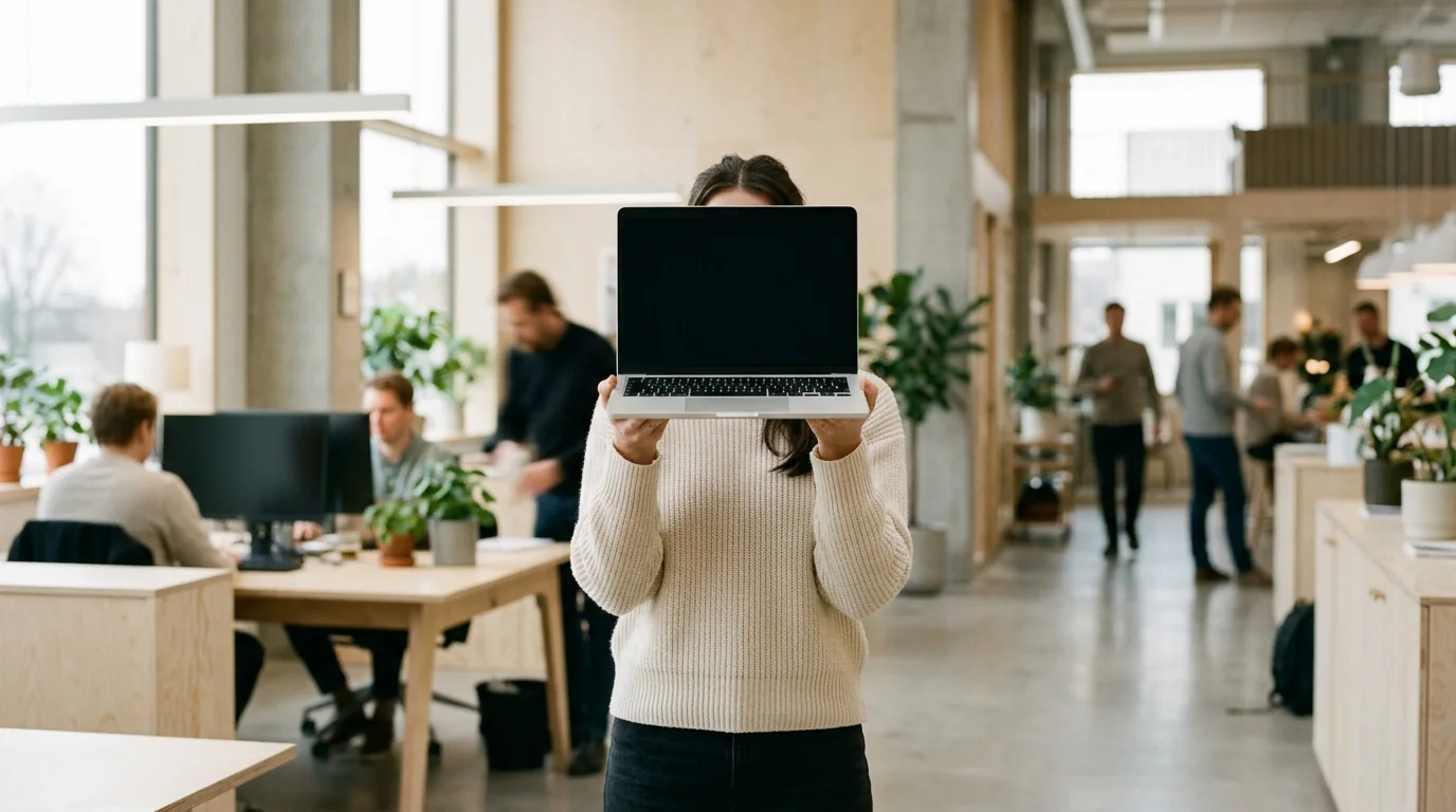 Someone holding an open laptop up in front of their face